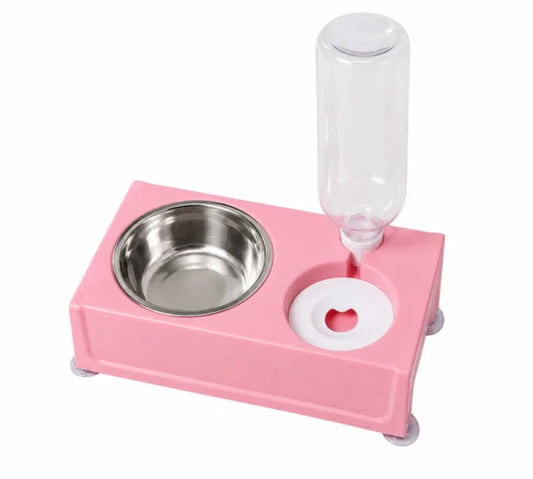 Pet Feeding Bowl with Automatic Water Dispenser – Pink