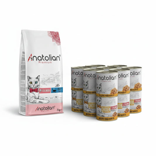 Anatolian Premium With Salmon Meat Cat Food for adult cats 2 kg(8684201645721),Anatolian Premium With Chicken Cat Wet Food For Adult Cats chunk 400 grm-6 pcs-(8684646785600)